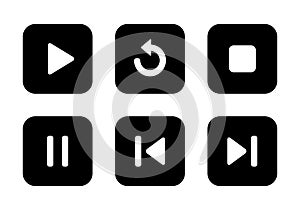 Play, replay, stop, pause, previous, and next track icon on black square photo