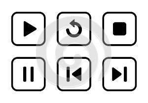 Play, replay, stop, pause, previous, and next track icon on square line photo
