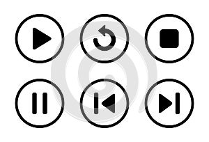 Play, replay, stop, pause, previous, and next track icon on circle line photo
