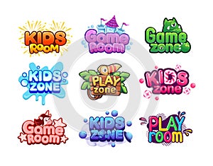 Play room logo. Kids zone banners. Baby entertainment area. Fun activity playground stickers set. Colorful badges with