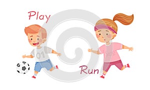 Play and run English action verbs for kids education set. Children doing daily routine activities vector illustration