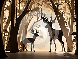 A play of shadows, the shadows of the trees surround the shadows of the deer.
