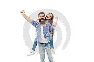 Play to win. Happy winners in photo studio. Bearded man and little child make winners gesture. Emotional family shout