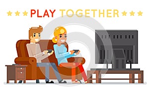 Play together gamer young girl boy watching tv playing game sit couch cartoon character flat design vector illustration