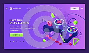 Play video game concept. Vector 3d isometric illustration of controller or joystick console. Poster, banner neon design