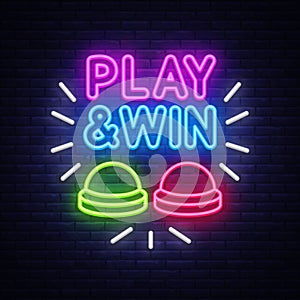 Play and win quiz neon sign. Vector illustration with glowing buttons and bright text PLAY AND WIN on dark wall. photo