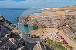 Playa de Abama with tourists, aerial view with parasol and sandy beach, Tenerife, Canary Islands