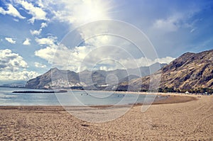 Playa de Las Teresitas near Santa Cruz de Tenerife. Yellow sand beach in the north of Tenerife.