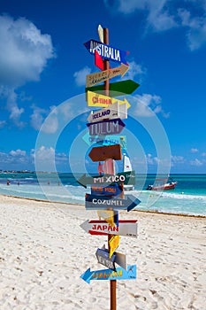 Funny direction signpost with distance to many different countries on Mexican coastline.