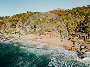 Playa Escondido in Sayulita Mexico where the bachelor was filmed. Aerial view at sunset. Low angle