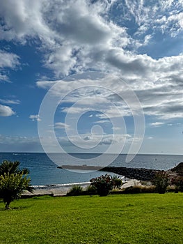 Playa Fanabe. Costa Adeje. Tenerife. Canary Islands. Spain. Amazing clouds. A lot of birds. Vertical