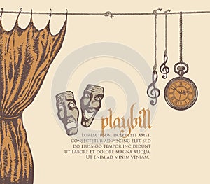 Playbill with hand-drawn curtain, masks and clock