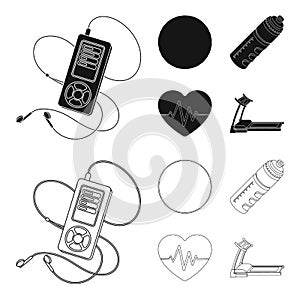 Player, a bottle of water and other equipment for training.Gym and workout set collection icons in black,outline style