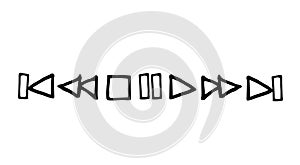 Player buttons play, stop, pause, forward, backward hand drawn in doodle style. vector scandinavian monochrome minimalism. set of