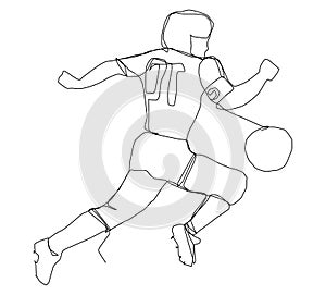 A player dribbles the ball in football. One line art. Continuous line drawing of football on a white background