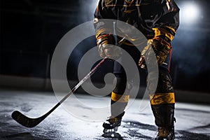 Player in full gear holds a hockey stick, ready to compete