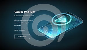 Player Icon and Smartphone of the low poly wireframe on dark background.Concept of online video or training or education.