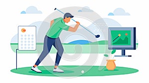 A player perfecting their swing in a serene virtual golfing environment with targeted feedback on their stance and photo