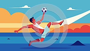 A player performs an impressive bicycle kick sending the ball soaring through the air with the oceans horizon in the