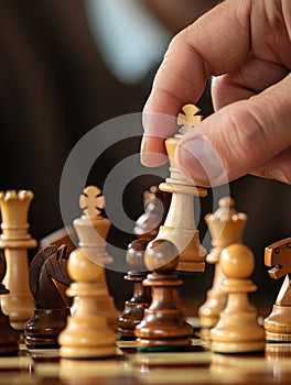 A player& x27;s hand is captured in the midst of a decisive chess move, symbolizing strategy and foresight in a photo