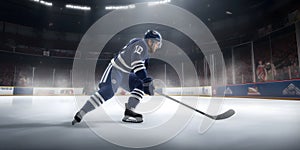 A player scoring a goal with a slapshot from the faceoff created with generative AI photo