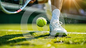 A player serving a powerful backhand on a beautifully maintained grass court leaving trails of shoe imprints on the