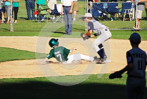 Player sliding into 2nd base.