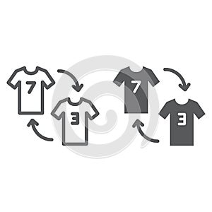 Player substitution line and glyph icon, game and sport, tshirt with arrows sign, vector graphics, a linear pattern on a