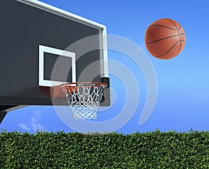 A player throws a basketball towards the net and trying to get a score