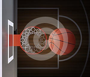 A player throws a basketball towards the net and trying to get a score, top view. 3d render