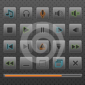 Player web buttons and music controls icons, set. photo