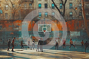 Players on Brower Park Basket Ball Court Enjoy a sunny late spring afternoon of basketball