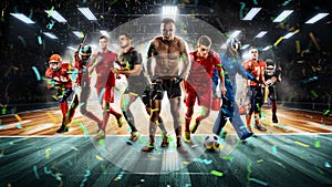 Players of different sports on the vollayball stadium 3D rendering