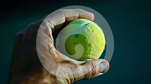 A players hand gripping the tennis ball tightly before a powerful serve