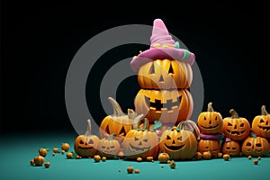 Playful 3D rendered Happy Halloween scene with jack o lantern pumpkins and colorful candies