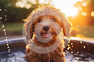 Playful and adorable cavapoo puppy enjoying a refreshing splash in the sunny weather