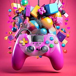 Playful Ambiance: 3D Rendering of Colorful Gamepad, Headphones, and Game Console Suspended in the Air Against a Pink Background