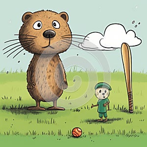 Playful Animal And Child Baseball Cartoon Illustration