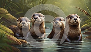 playful antics of a family of otters frolicking in a clear, babbling brook.