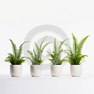 Playful Arrangements: Four Fern Plants In Ceramic Pots On White Surface