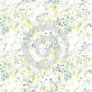 A playful array of lemony splashes and soft greenery drifts across this seamless watercolor pattern, capturing a