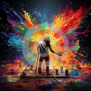 Playful artist creating vibrant explosion of colors with magical paintbrush
