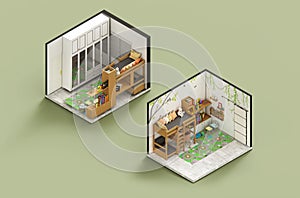 Playful axonometric interior of a childs bedroom with toys 3d rendering