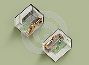 Playful axonometric interior of childs bedroom with toys 3d rendering
