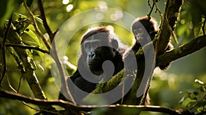 A playful baby gorilla swinging from tree branches with its mother watching protectively nearby.