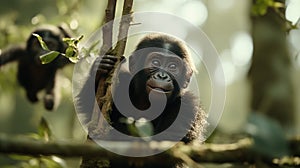 A playful baby gorilla swinging from tree branches with its mother watching protectively nearby. AI Generative