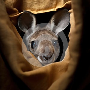 A playful baby kangaroo peeking out of its mother\'s pouch, its wide-eyed curiosity capturing hearts by AI generated