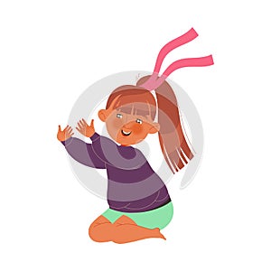 Playful Barefoot Little Girl with Ponytail Smiling and Reaching Hands Vector Illustration