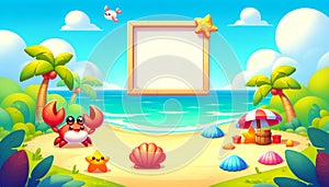 A playful beach scene with a cartoon crab and starfish