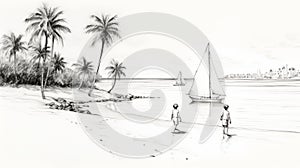 Playful Beach Sketch With Palm Trees And Boat